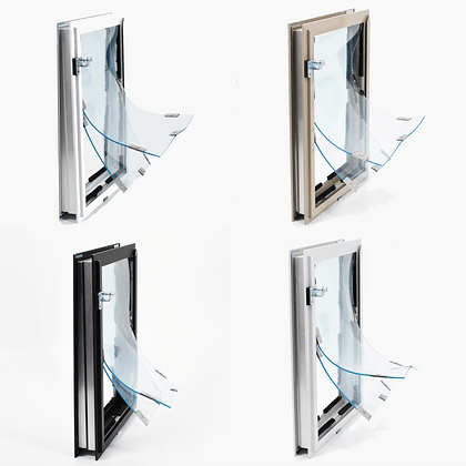 Hale pet doors in white, champagne, and black with clear magnetic-close flexible flaps